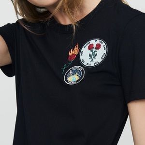 MAJE | Black T-Shirt with Patches | size 3 / Medium